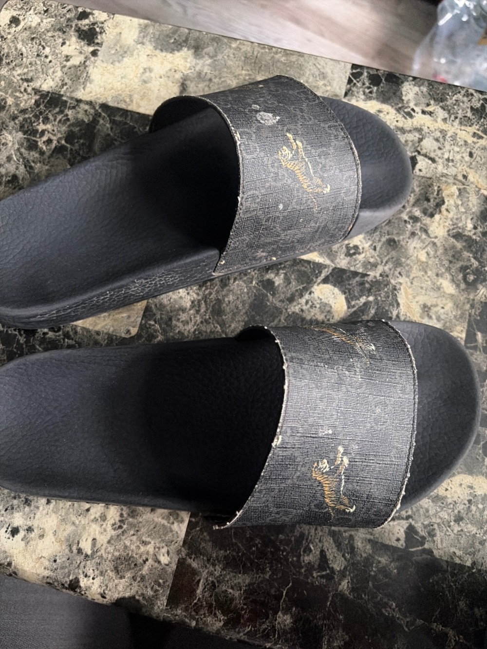 Gucci Black Slides with Gold Logo & Tiger - Picture 2 of 4